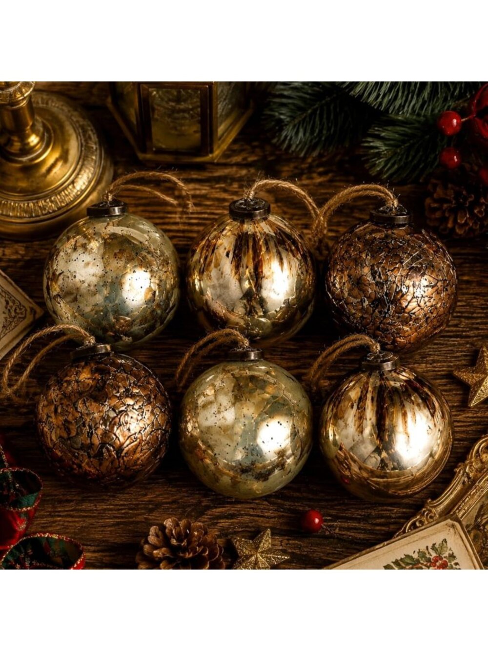 6 Pcs Vintage Glass Christmas Ornaments - Retro Antiqued 4 Inch Balls